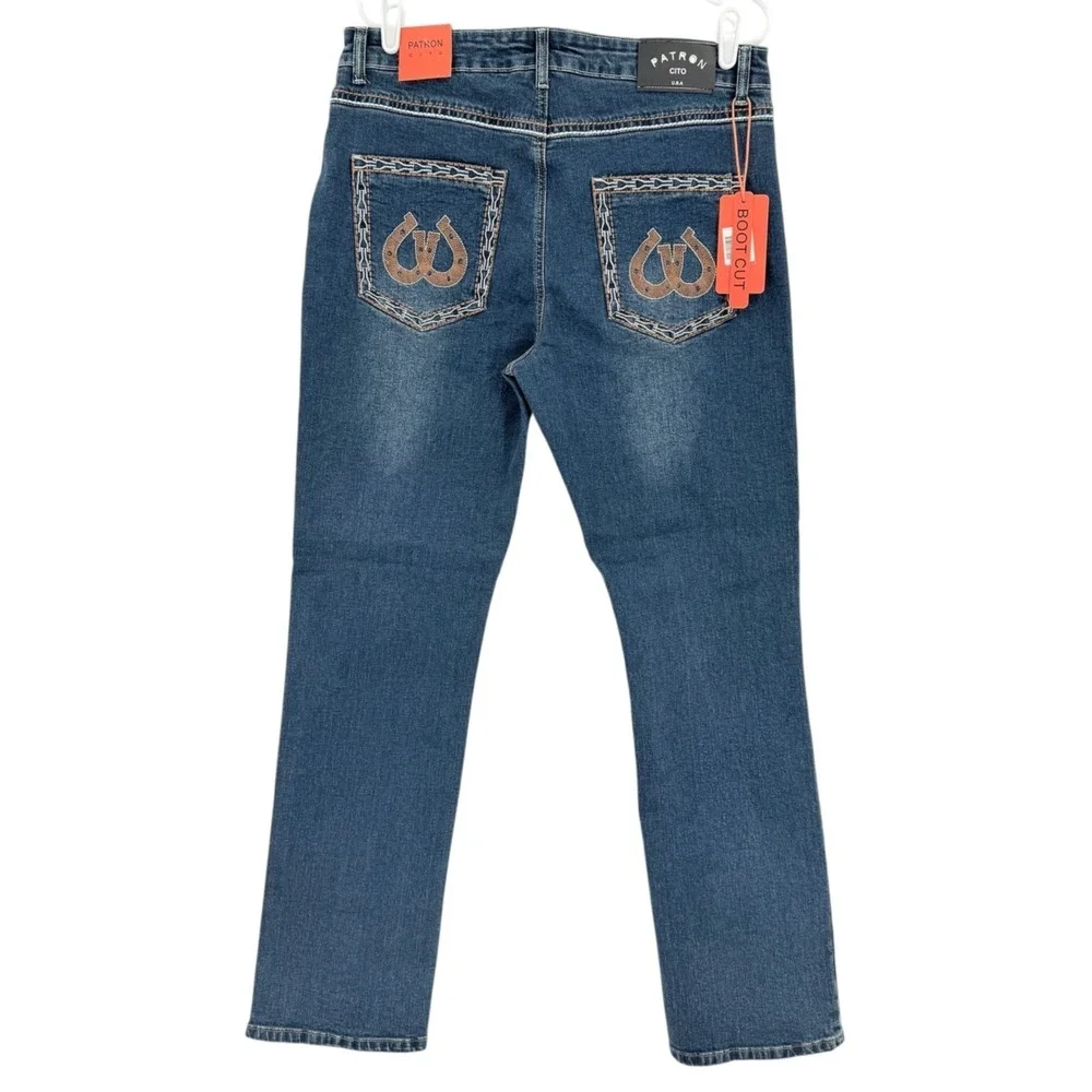 Patron Cito Men's Stretch Straight Leg Embroidered Blue Denim Jeans Sz 36x32 NWT